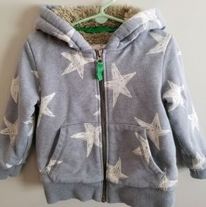 Mini Boden grey with white stars zip up hooded sweatshirt with sherpa lining